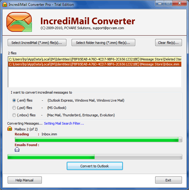 Export IncrediMail to Outlook 2010 using PCVARE IncrediMail to Outlook Converter